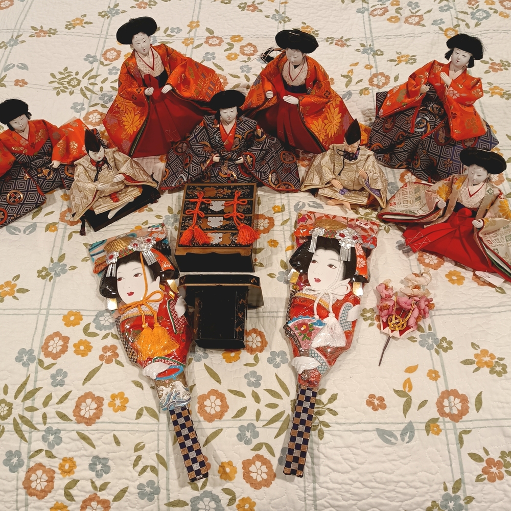 Traditional Japanese Doll Set with Red and Black Attire